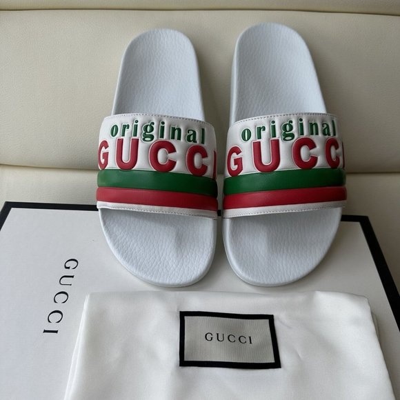 NEW GUCCI SLIDES WHITE LEATHER “ORIGINAL GUCCI” RED GREEN LOGO SZ G8 630606 - Picture 2 of 8